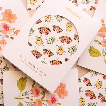 Everyday greeting card box set of six featuring botanical beetle and flower designs