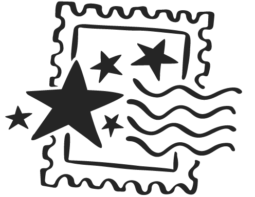 Black and white illustration of a postage stamp with stars and wavy lines.