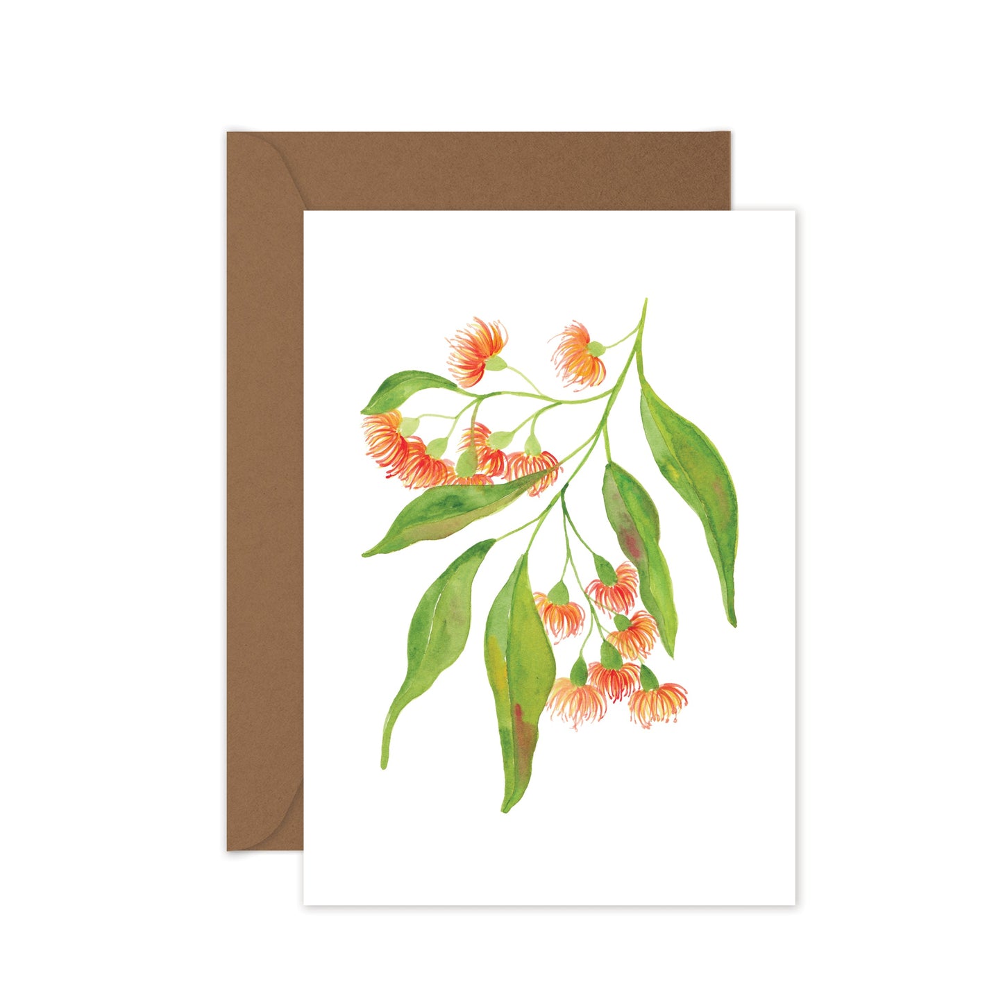 Greeting card with floral design and brown envelope on white background