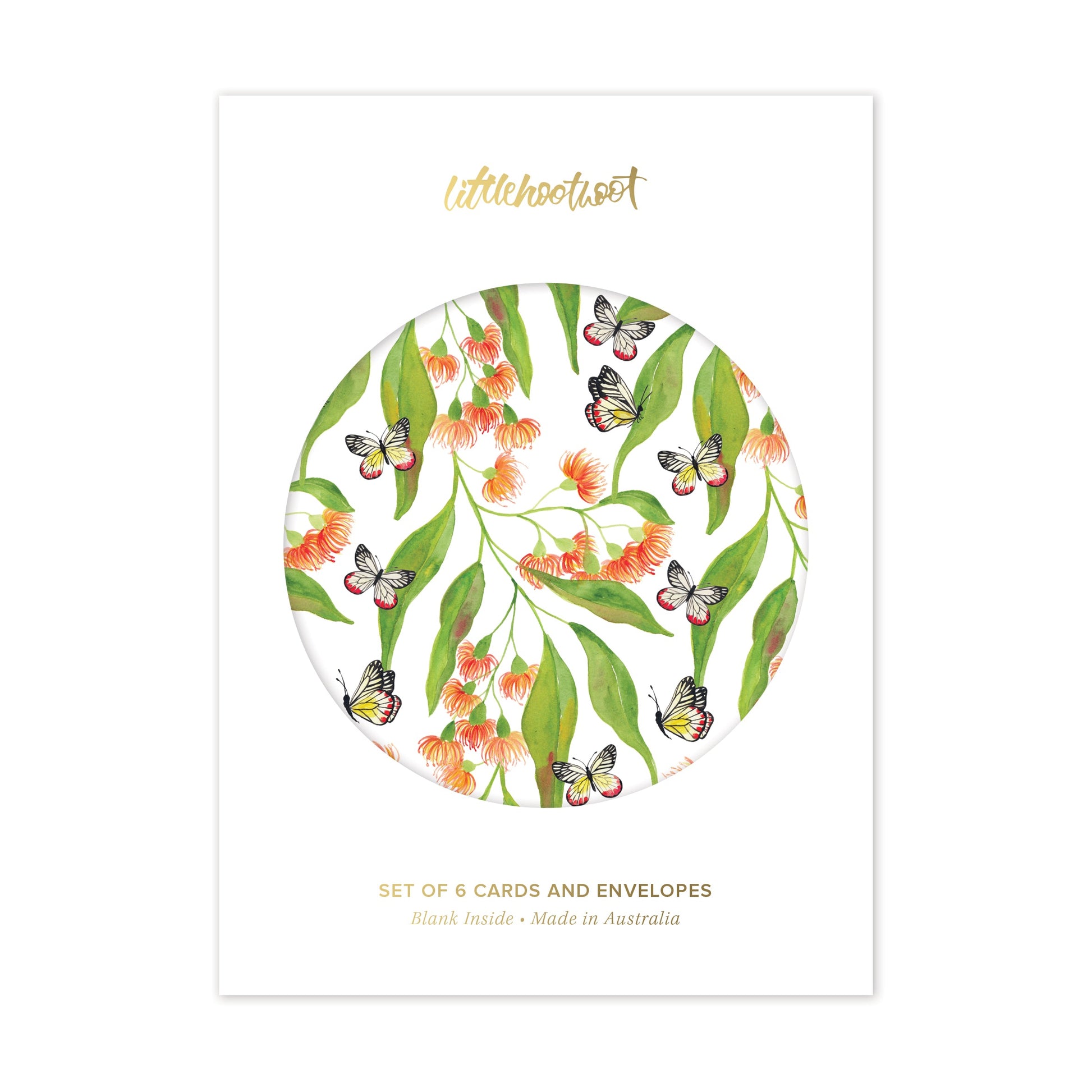 Set of 6 greeting cards with floral and butterfly design on a white background