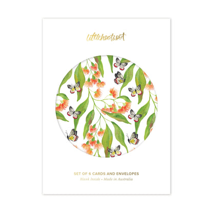 Set of 6 greeting cards with floral and butterfly design on a white background