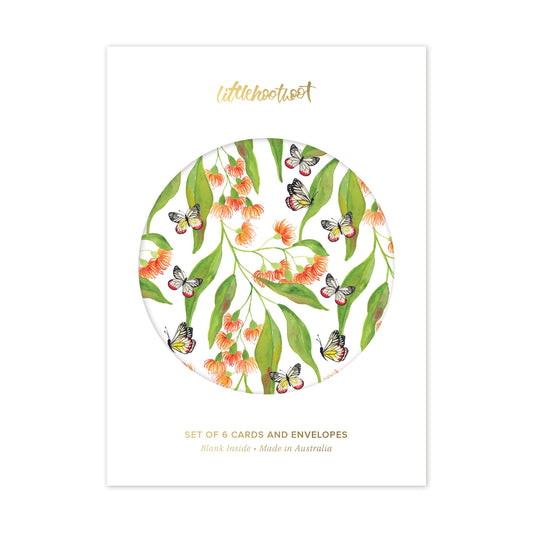 Set of 6 greeting cards with floral and butterfly design on a white background