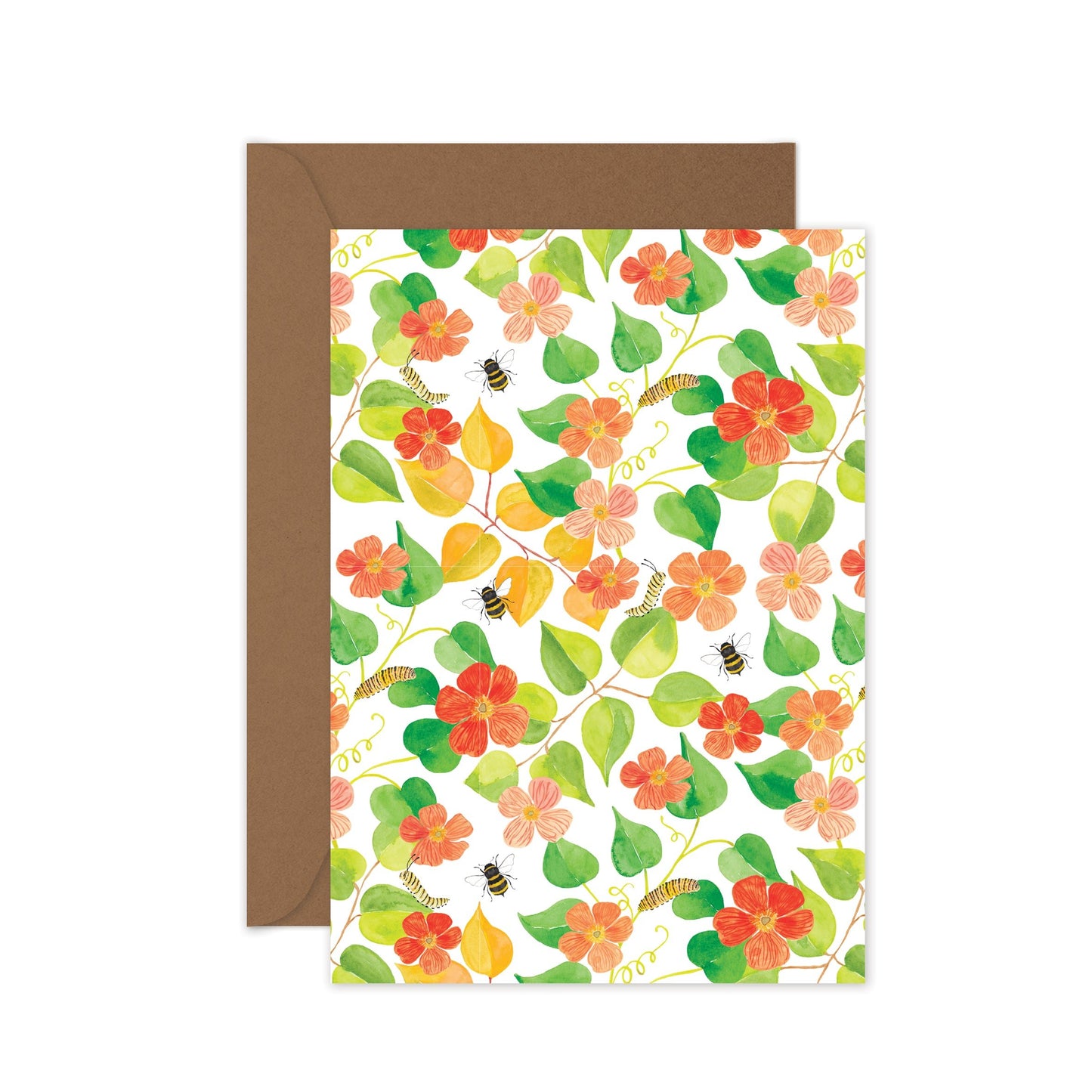 Blank flower card for any occasion with floral pattern and brown envelope on white background
