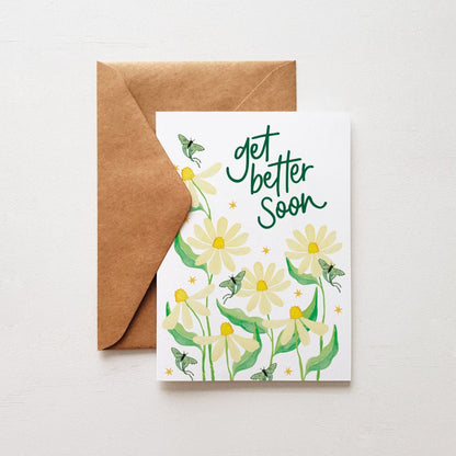 Get better soon card with daisy design and brown envelope on white background