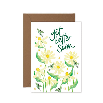 Get well soon card with flowers and butterflies on a white background