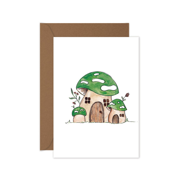 green mushroom house illustration card