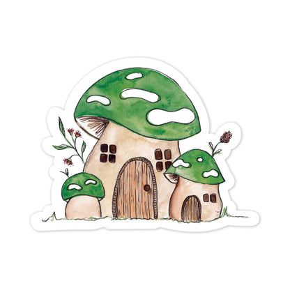 Illustration of a mushroom-shaped house with a green cap and Australian florals on a white background.