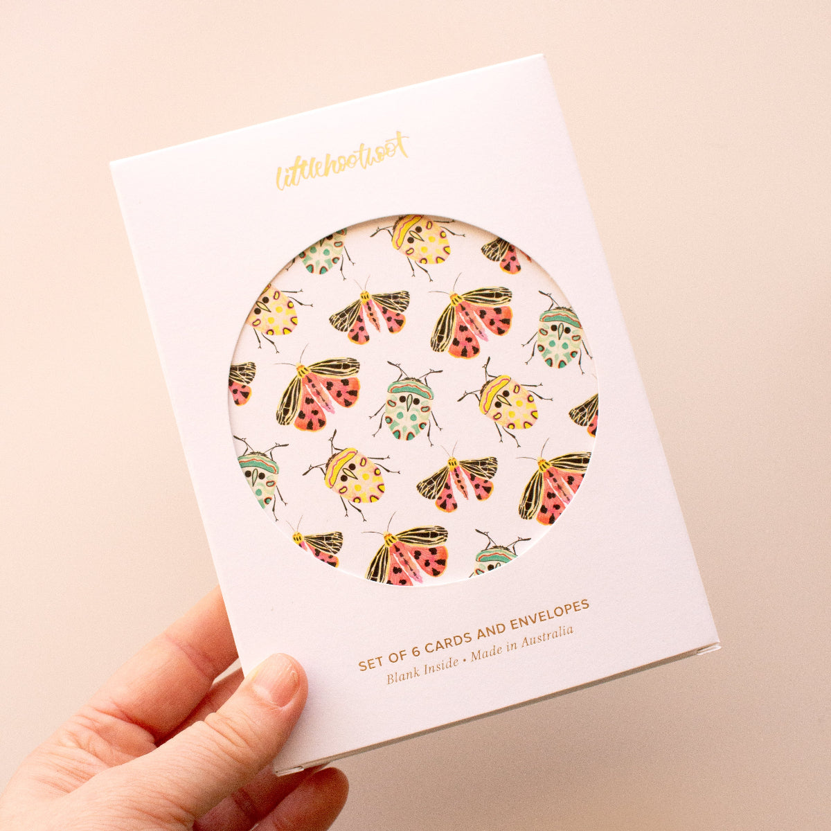 Australian-designed greeting card set box featuring floral, beetle and moth illustrations