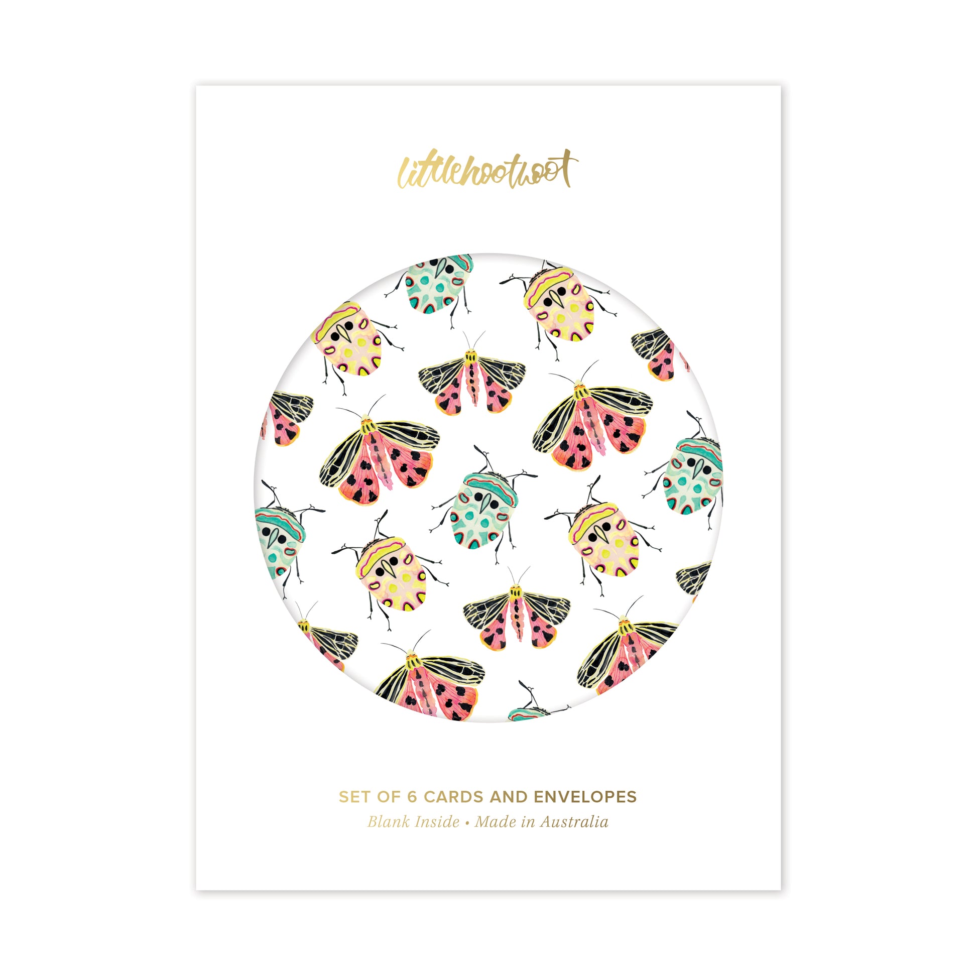 Greeting card set box with colourful beetle, moth and floral designs for any occasion