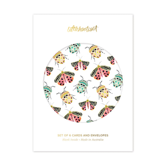 Greeting card set box with colourful beetle, moth and floral designs for any occasion