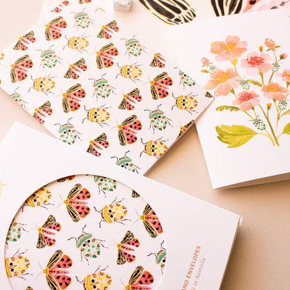 Boxed greeting cards featuring colourful beetles and garden moth illustrations