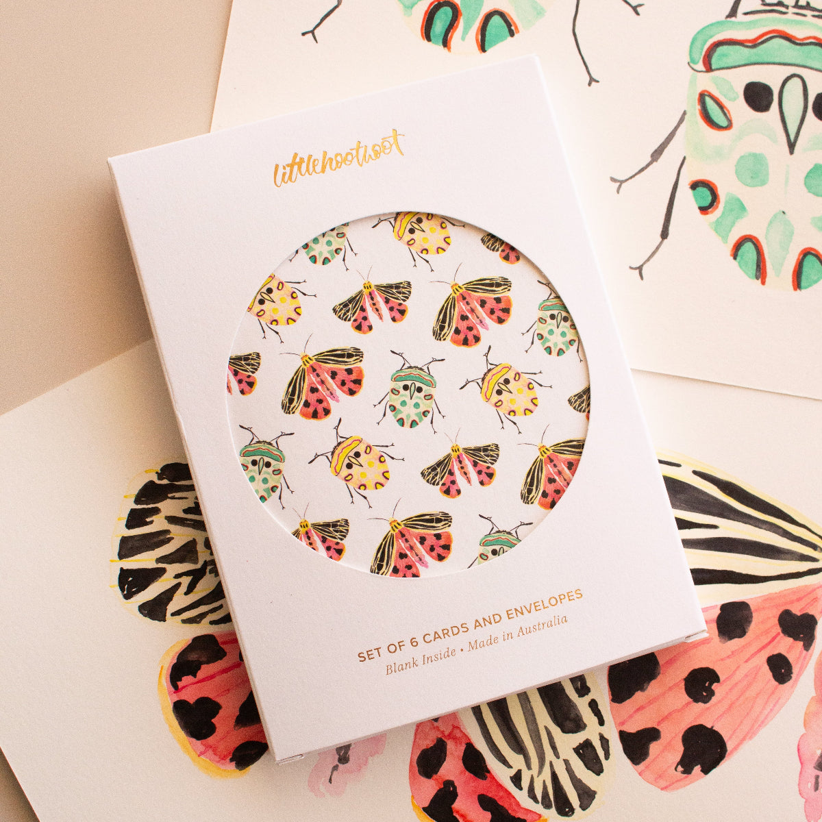 Everyday botanical greeting card gift set with garden moths and beetles