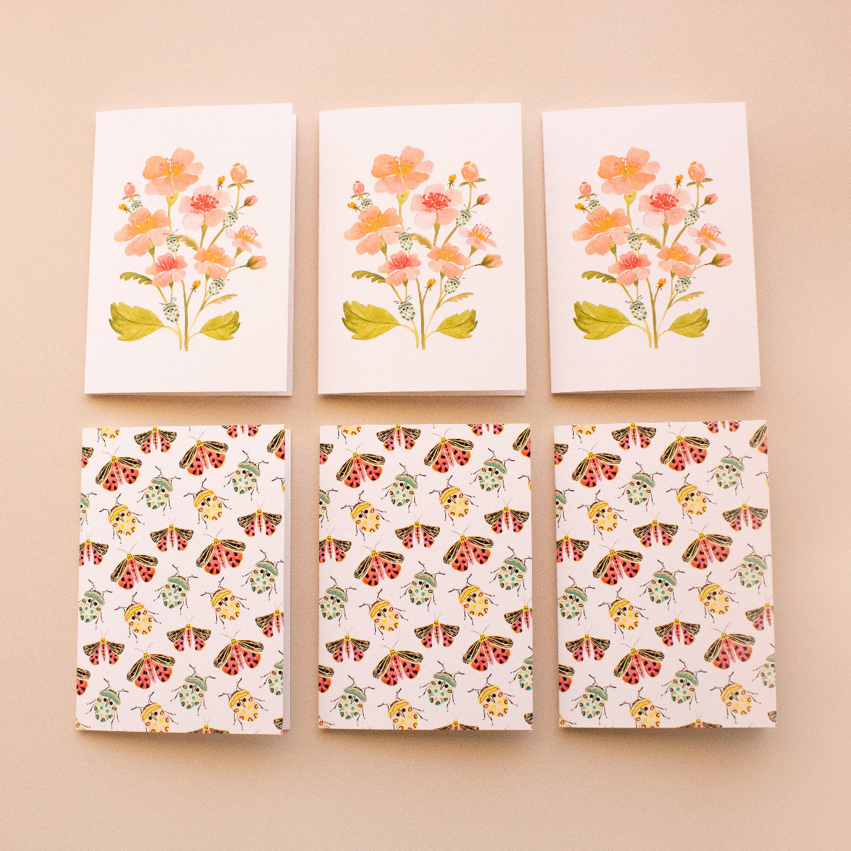 Botanical greeting card set with teal beetles, colourful moths and pink flowers