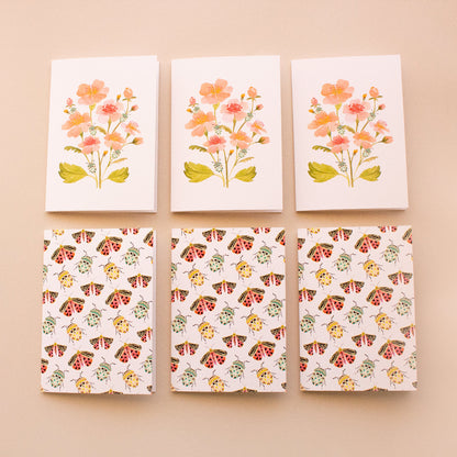 Botanical greeting card set with teal beetles, colourful moths and pink flowers