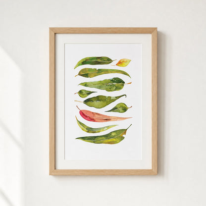 Framed artwork of colorful leaves on a white background