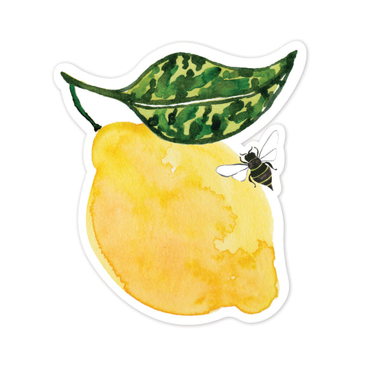Illustration of a lemon with a leaf and a bee on a white background
