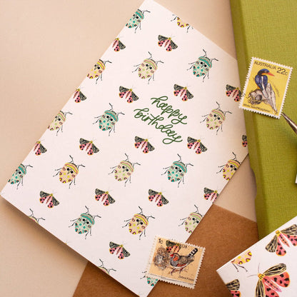 Handcrafted Happy Birthday card with beetle and moth illustration, Australian made
