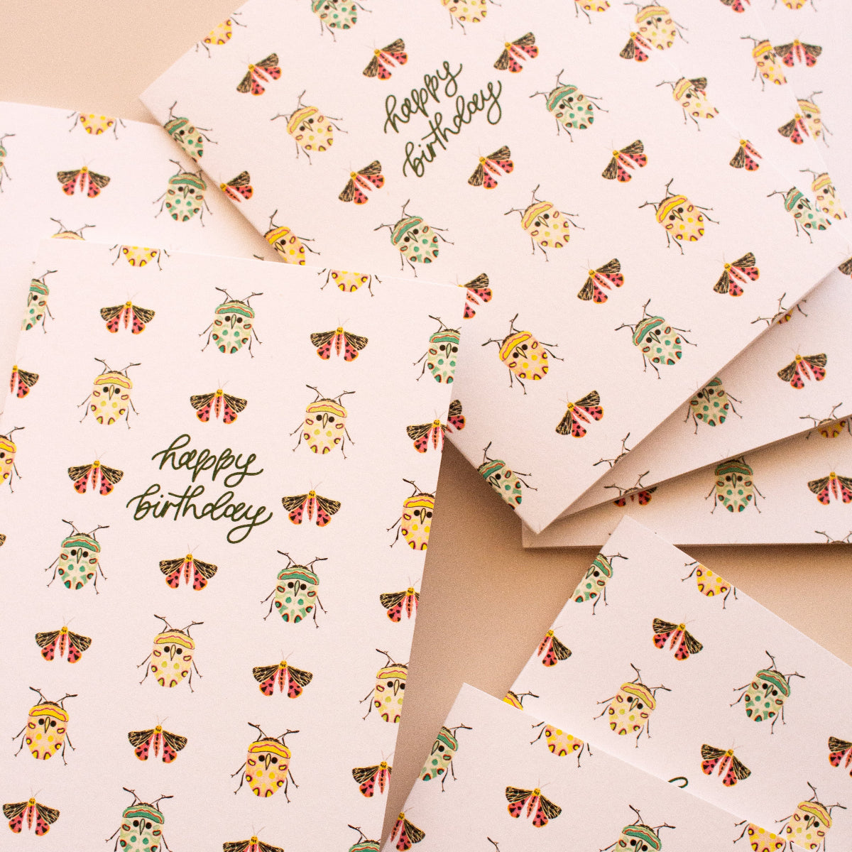 Birthday greeting card with botanical beetle and moth artwork, printed in Australia