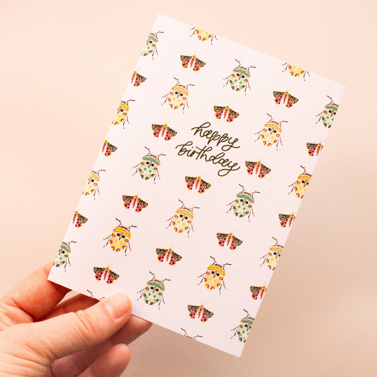 Australian made Happy Birthday card with insect pattern of beetles and moths