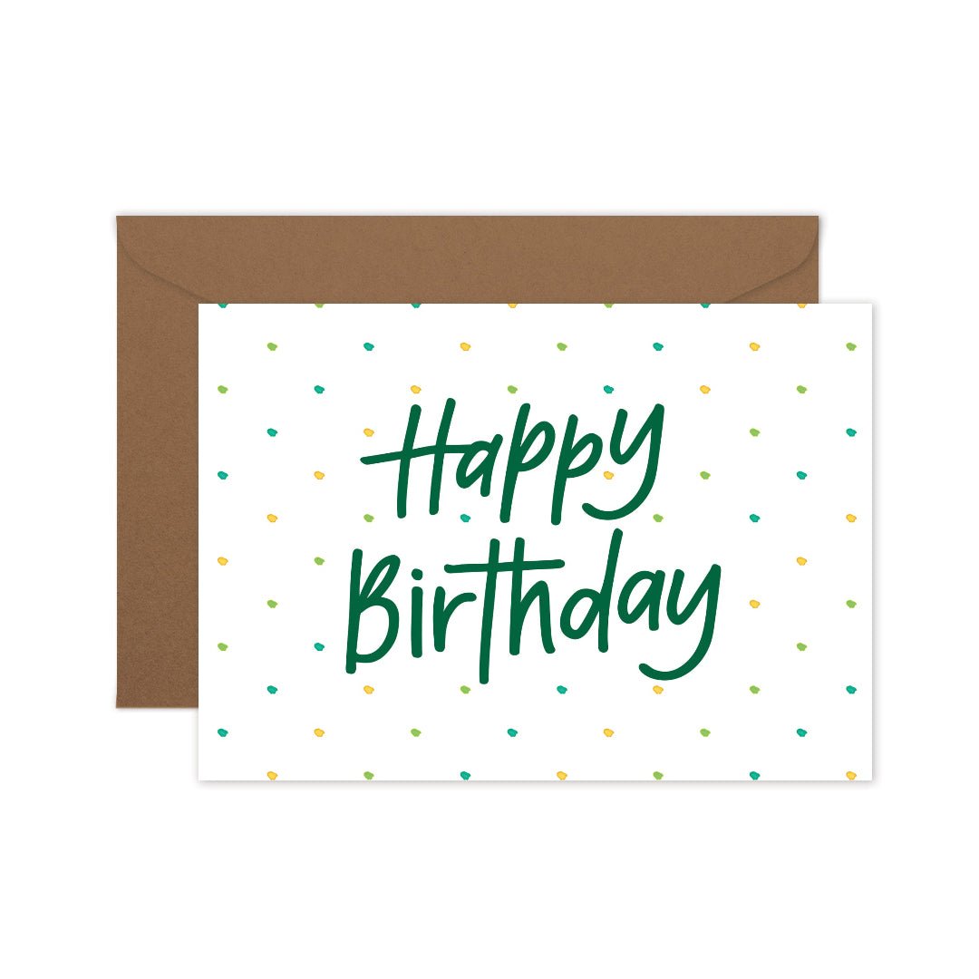 Happy Birthday greeting card with yellow, green, and blue dots, perfect for a cheerful birthday celebration.