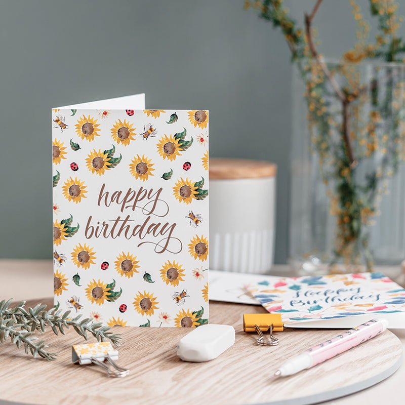 Sunflower birthday greeting card displayed in a home setting 