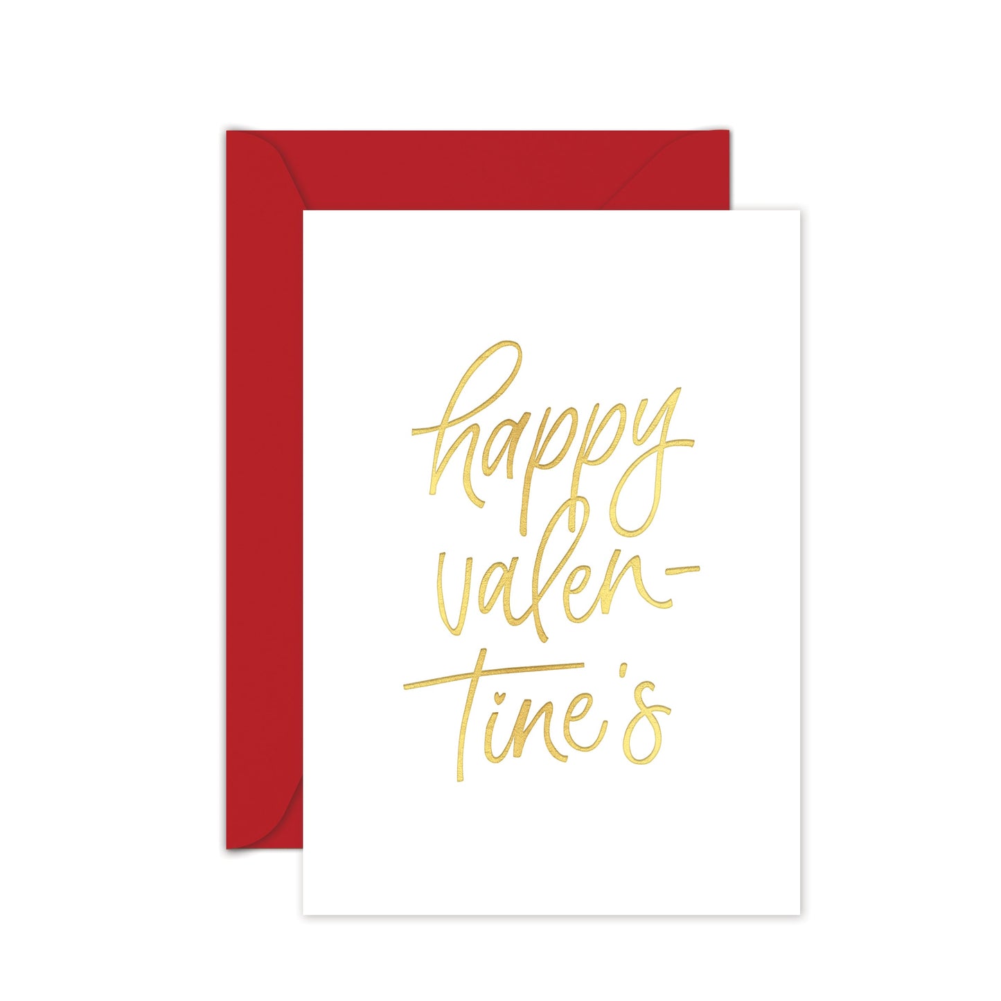 A white greeting card with 'happy valentine's' written in gold script, shown with a red envelope on a white background.