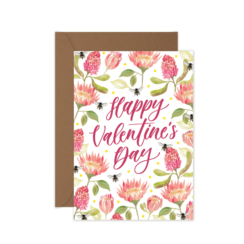 Illustrated pink banksias, protea floral with yellow bees happy Valentine's Day greeting card and kraft envelope