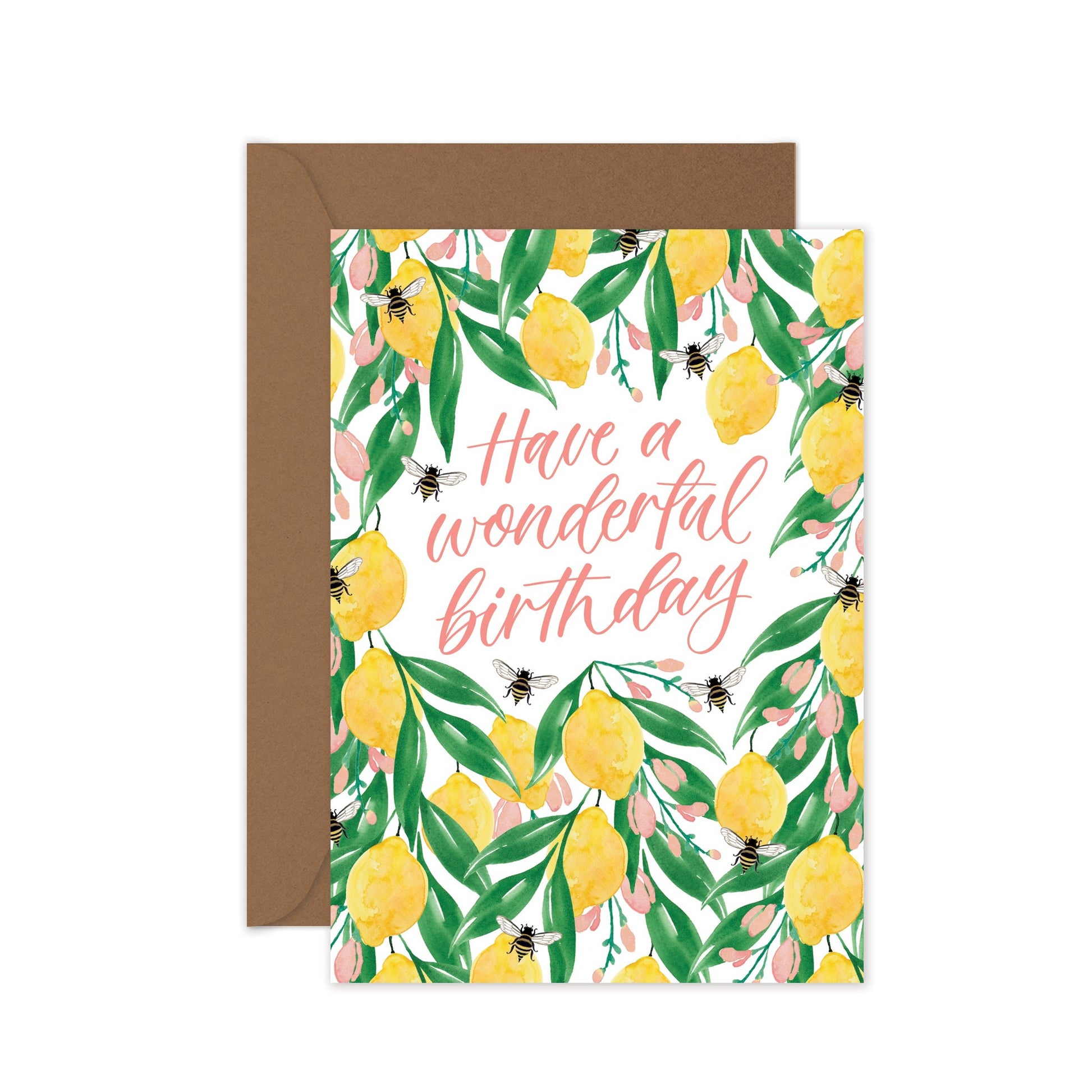 Greeting card with lemon design and 'Have a wonderful birthday' text, featuring a brown envelope.