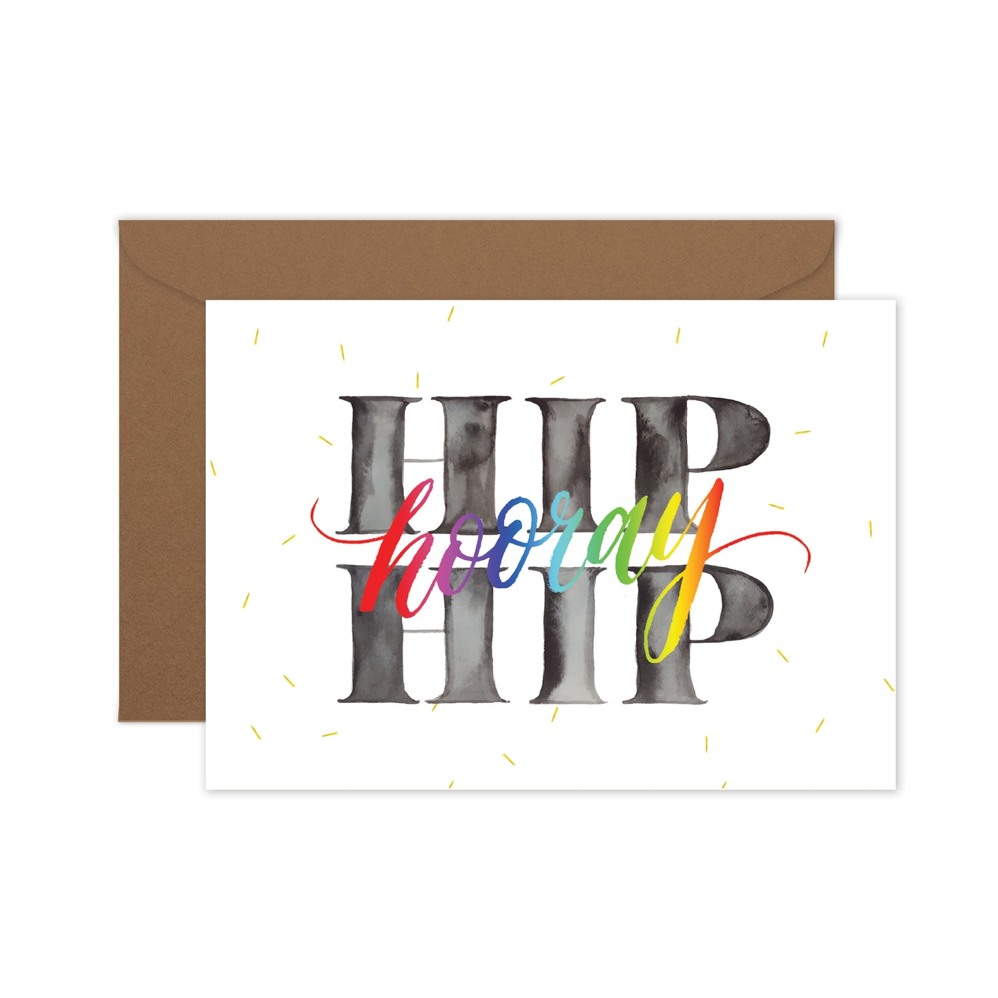 Birthday card 'HIP HIP Hooray' written in chunky letters in grey tones, with rainbow script and yellow confetti sprinkles, on a brown envelope