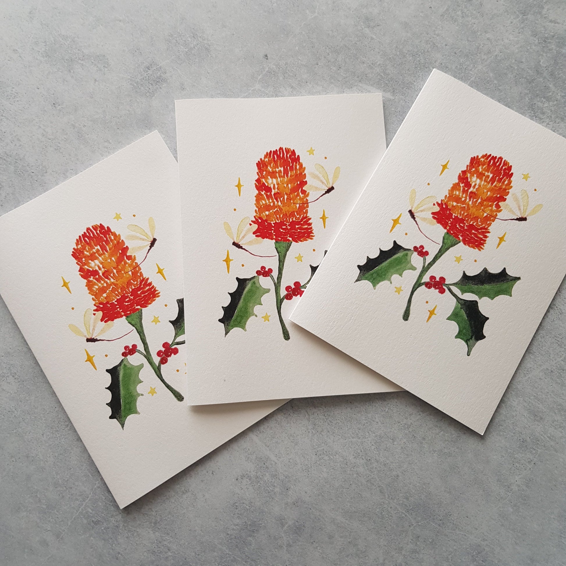 Christmas greeting cards with a botanical illustration of banksias and holly leaves.