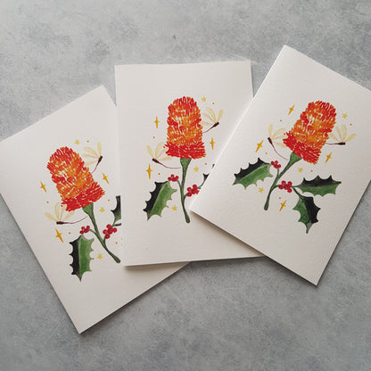 Christmas greeting cards with a botanical illustration of banksias and holly leaves.