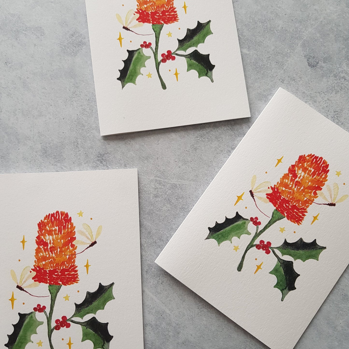 Three white greeting cards with an illustration of a red-orange banksia flower with holly leaves, on a grey background