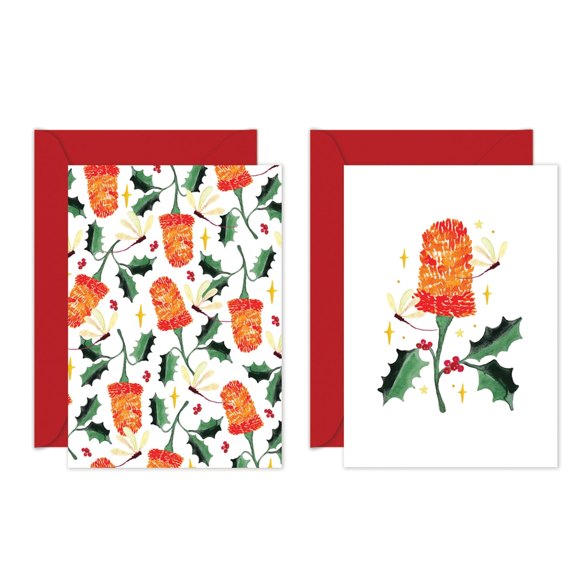 Two Christmas-themed greeting cards with red envelopes on a white background.