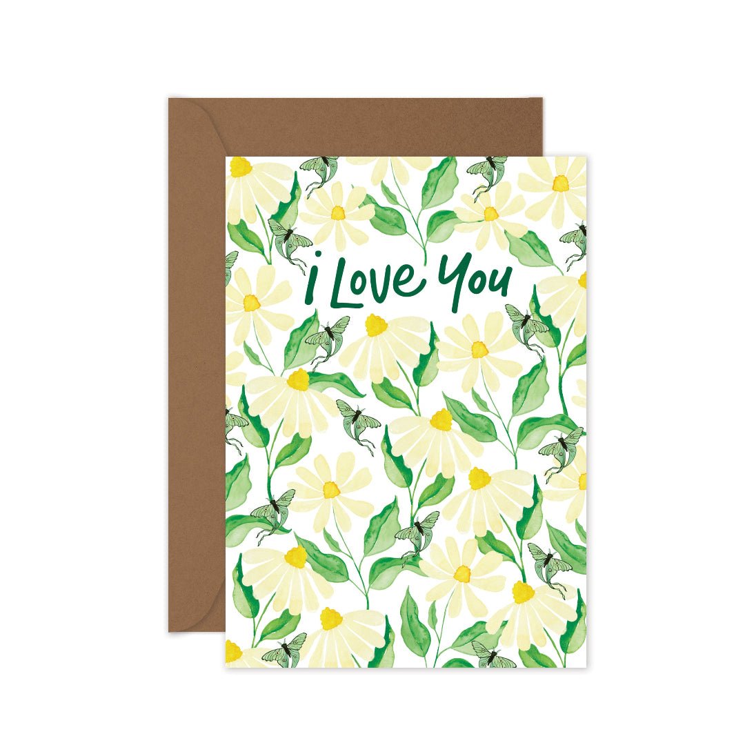 Floral love card with delicate daisies and heartfelt 'I Love You' message, perfect for special occasions and heartfelt notes.