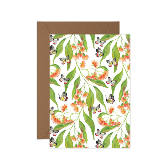 Greeting card with floral and butterfly design on a white background