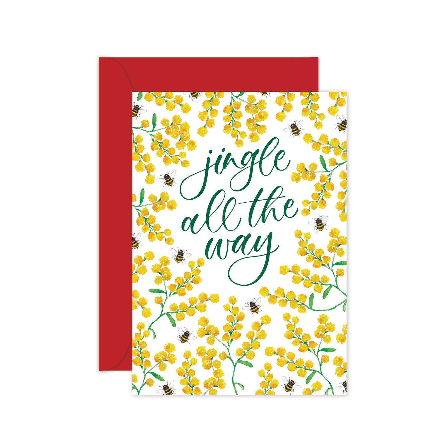 Greeting card with yellow floral pattern and 'jingle all the way' text, red envelope.