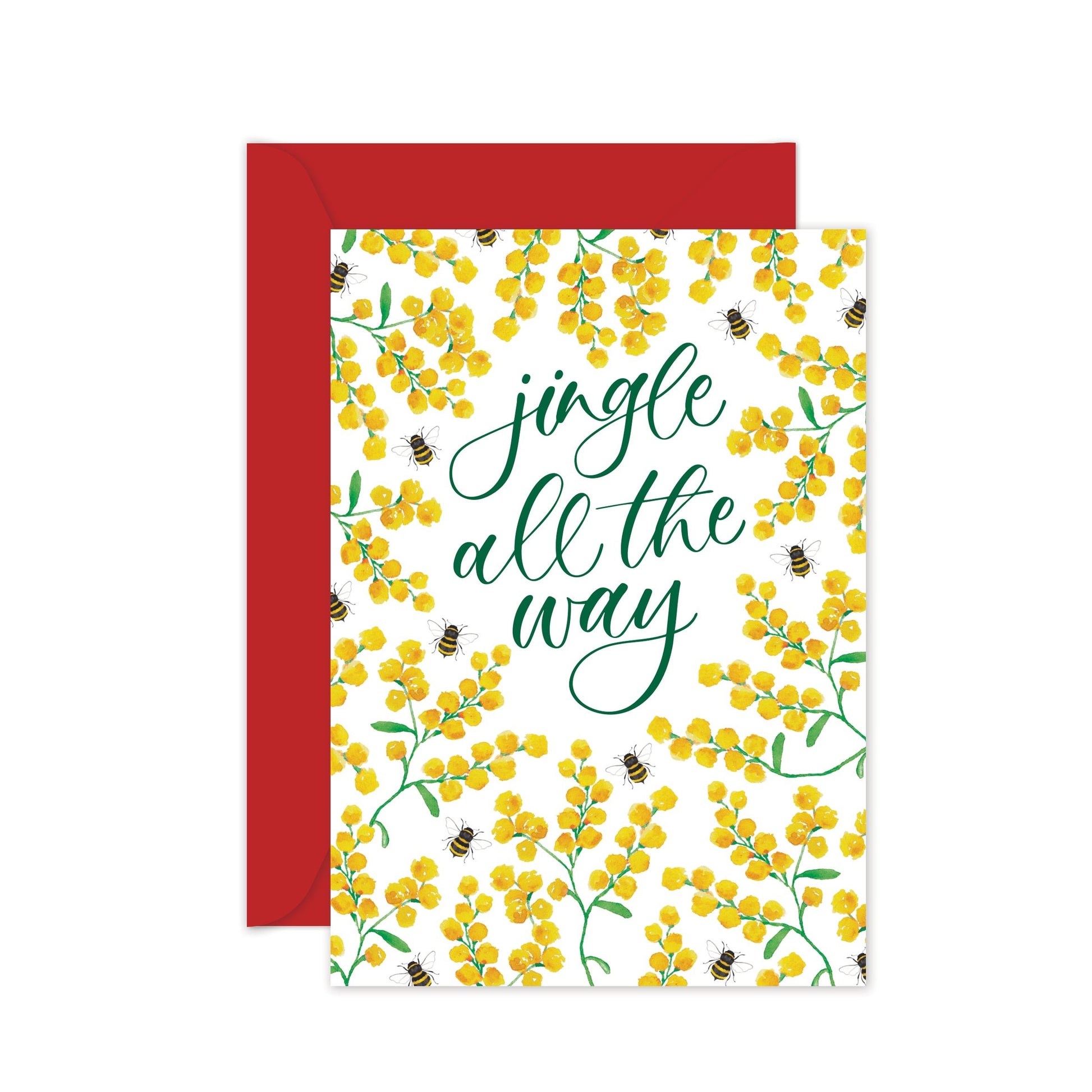 Greeting card with yellow floral pattern and 'jingle all the way' text, red envelope.