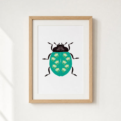 Framed artwork of a teal ladybug with daisies on a white wall.
