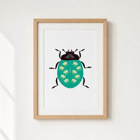 Framed artwork of a teal ladybug with daisies on a white wall.