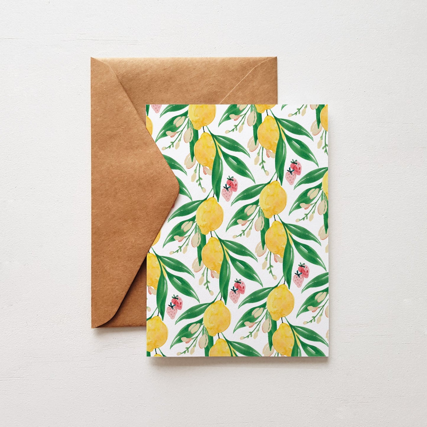 Lemon Drops botanical greeting card displayed with kraft envelope, Australian Made, littlehoothoot
