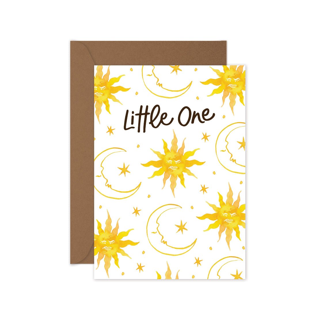 Little One baby greeting card featuring suns, moons, and stars. A celestial-themed card, perfect for baby showers, newborn celebrations, and new parents.