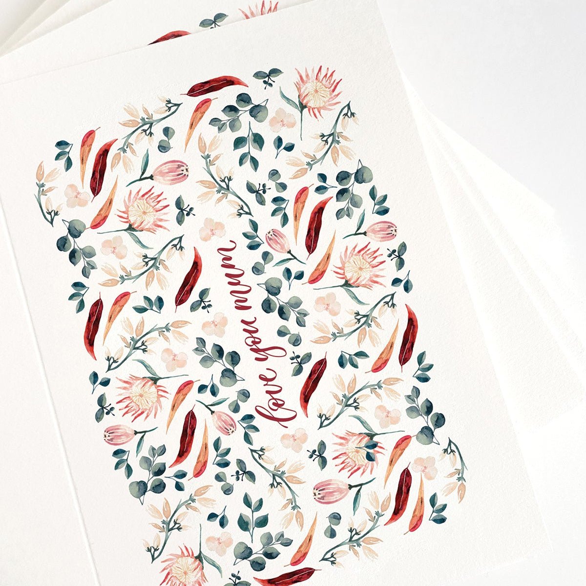 love you mum greeting card in dark red surrounded by native flowers