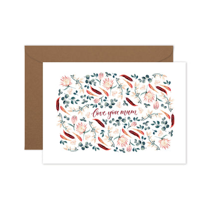 A floral greeting card with various flowers in shades of pink and green. The phrase 'love you mum' in the middle