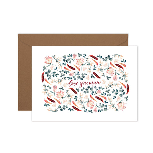 A floral greeting card with various flowers in shades of pink and green. The phrase 'love you mum' in the middle