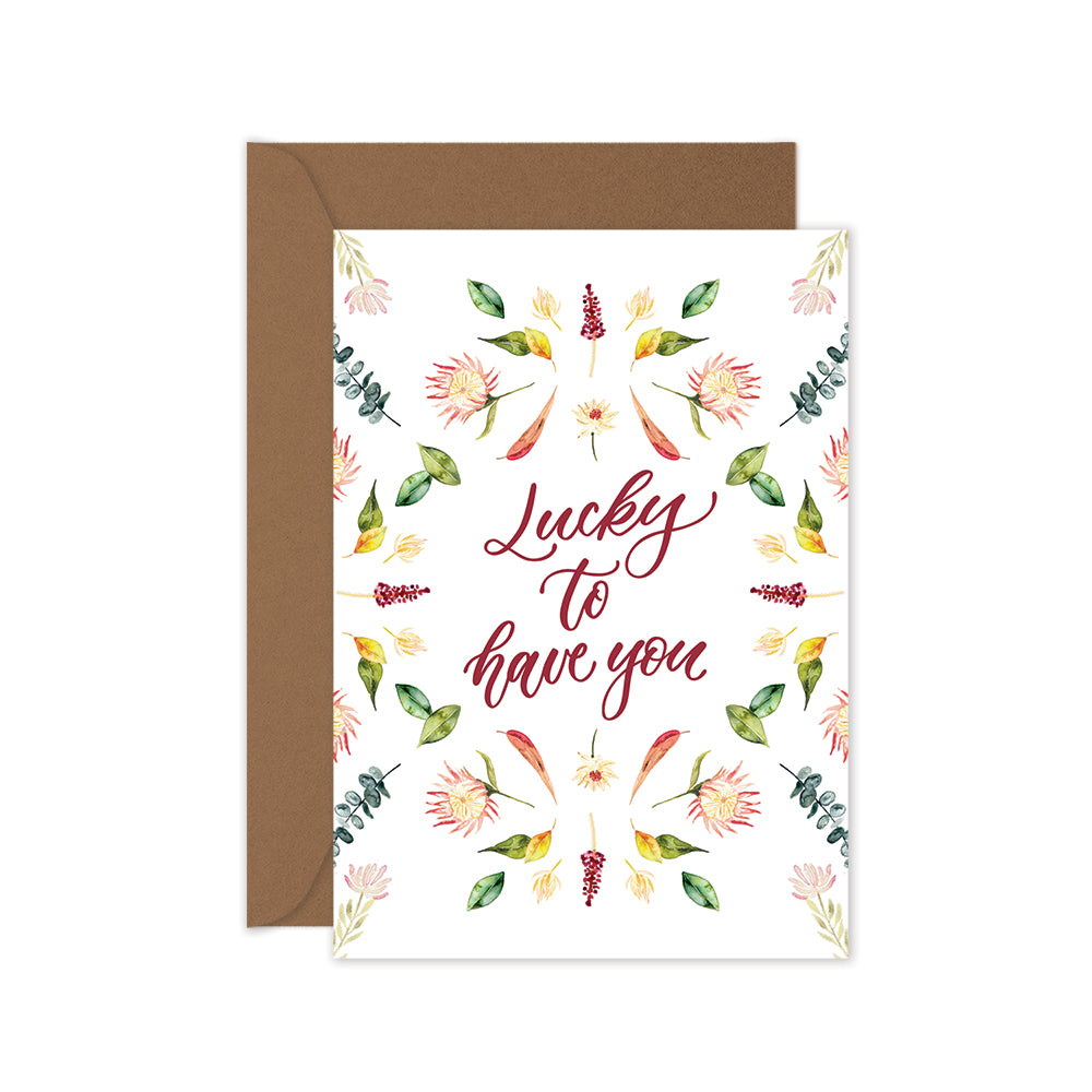 Design by littlehoothoot floral lucky to have you greeting card with kraft envelope