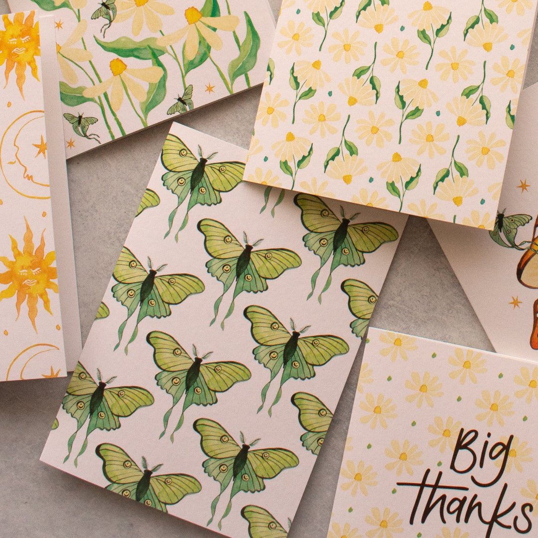 Green and yellow cards with luna moths, stars, and daisies. A nature-inspired stationery 