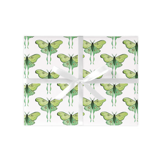 Green butterfly pattern on white wrapping paper