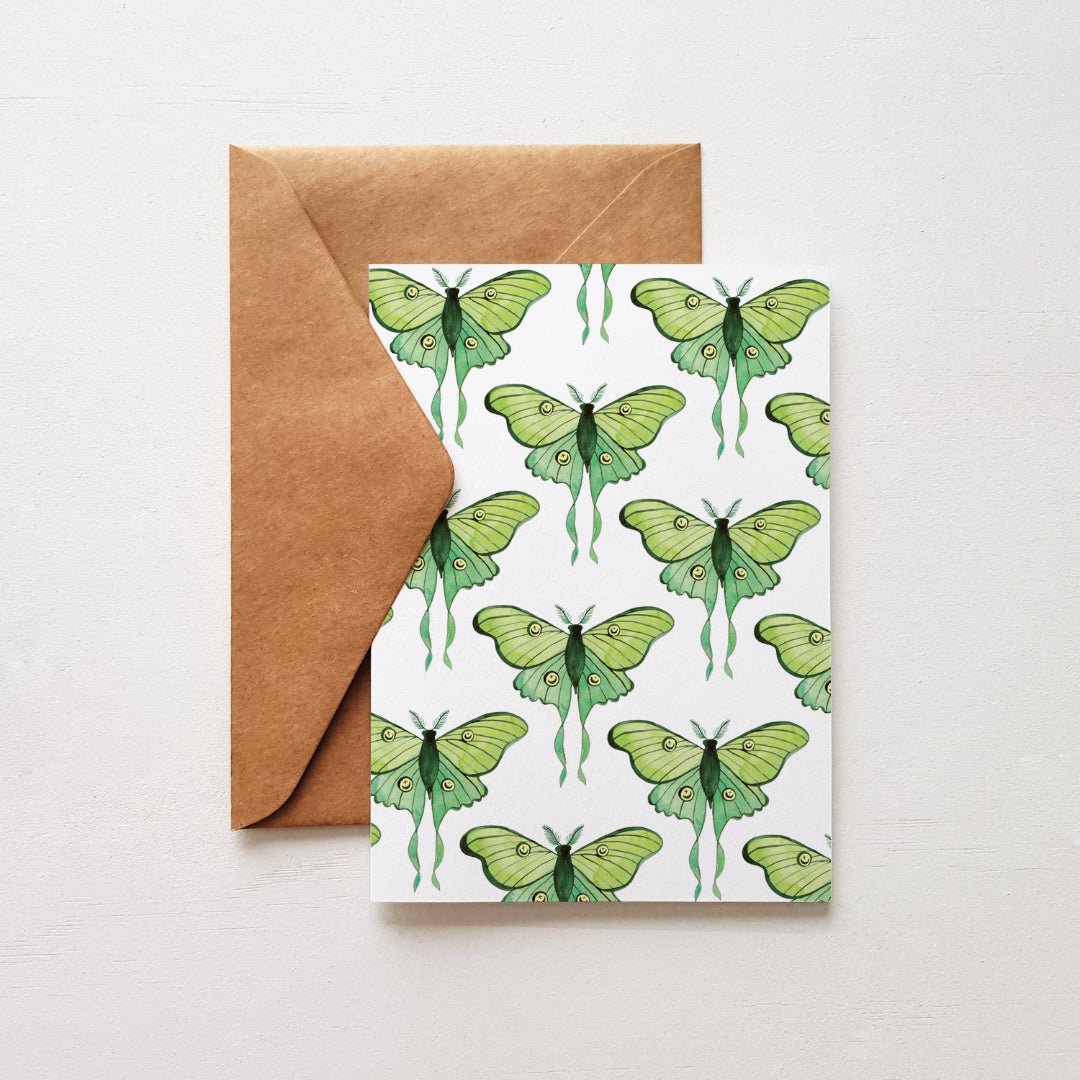 Greeting card with teal luna moths, and a rustic kraft envelope. 