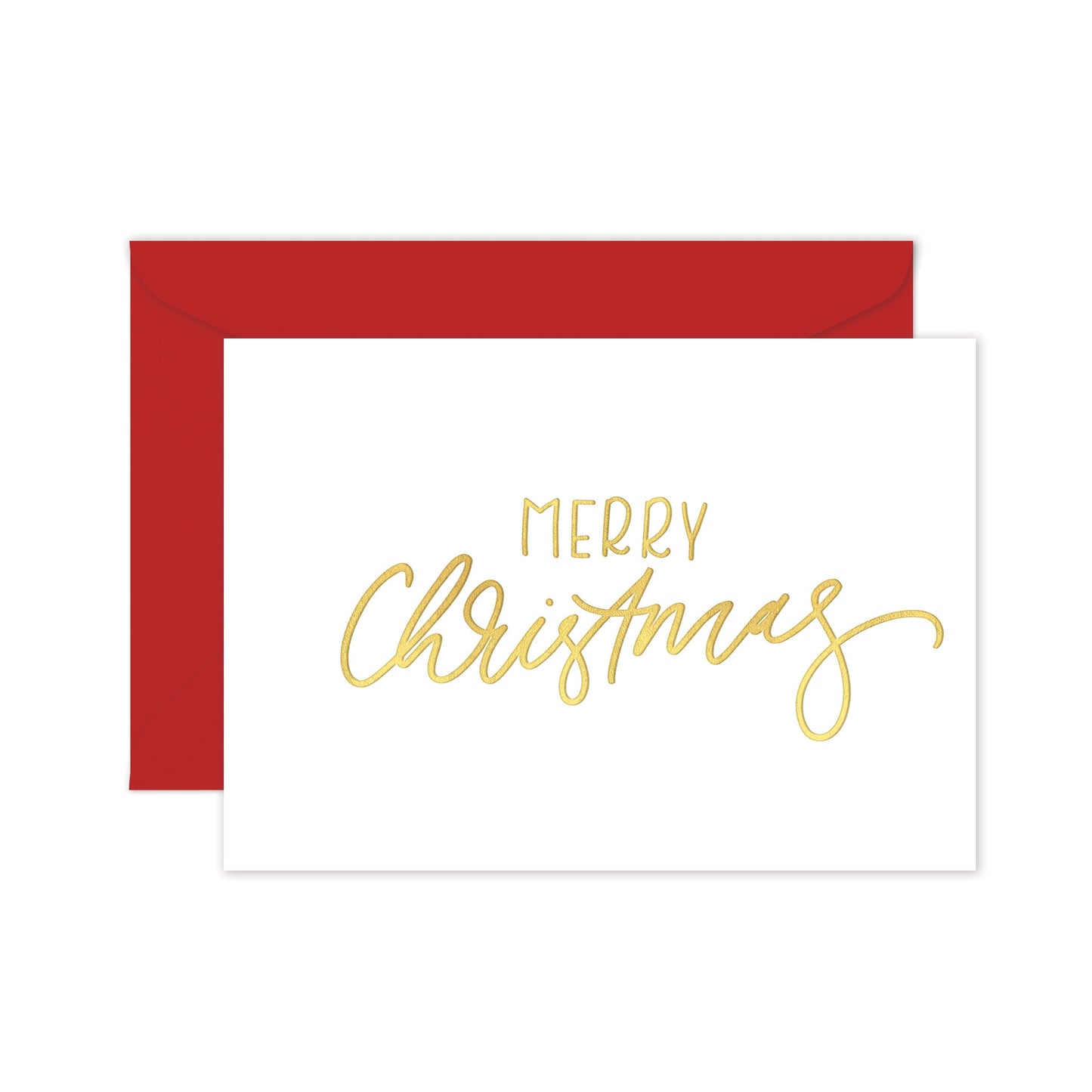 Greeting card with 'Merry Christmas' written in gold foil on a white background, with a red envelope.