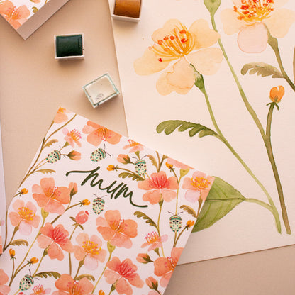 Australian-designed Mother’s Day card with pink florals and teal beetle illustration